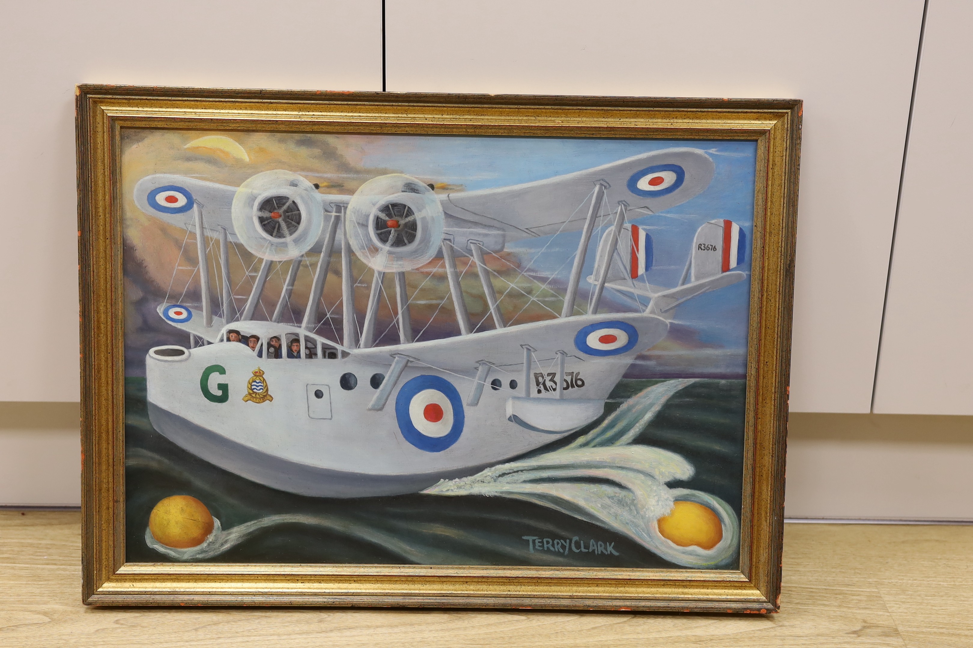 Terry Clarke (b.1932), oil on board, 'Flying Boat', signed, 42 x 60cm